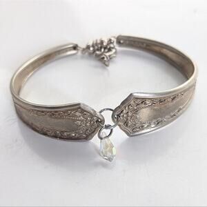Vintage Silver Plated Unique Spoon Handle Cuff Crystal Beaded Charm Bracelet